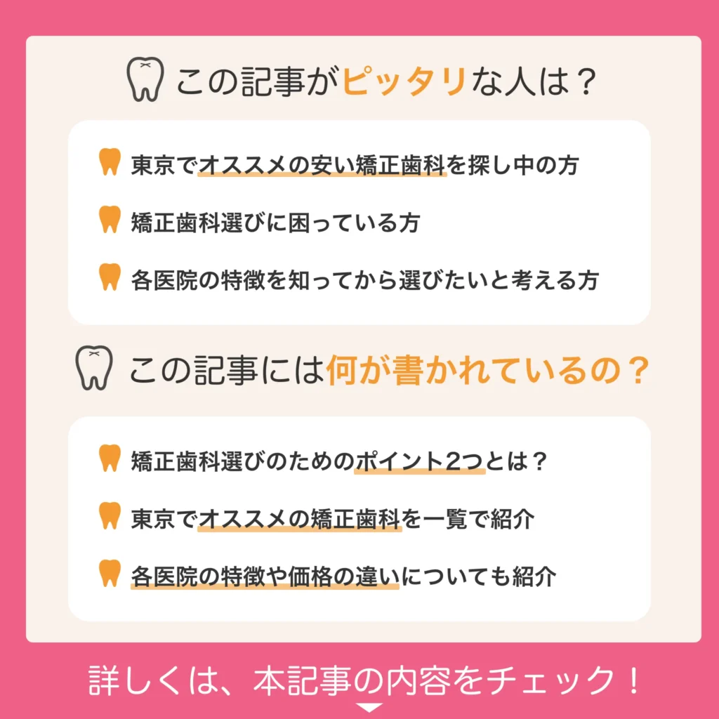 この記事がピッタリな人は？
・東京でオススメの安い矯正歯科を探し中の方
・矯正歯科選びに困っている方
・各医院の特徴を知ってから選びたいと考える方
この記事には何が書かれているの？
・矯正歯科選びのためのポイント2つとは？
・東京でオススメの矯正歯科を一覧で紹介
・各医院の特徴や価格の違いについても紹介
詳しくは、本記事の内容をチェック！